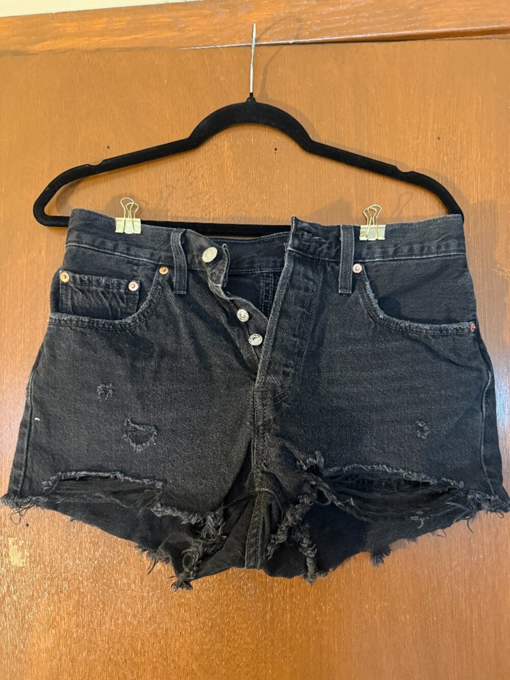 Levi's 501 black ripped shorts, size W28